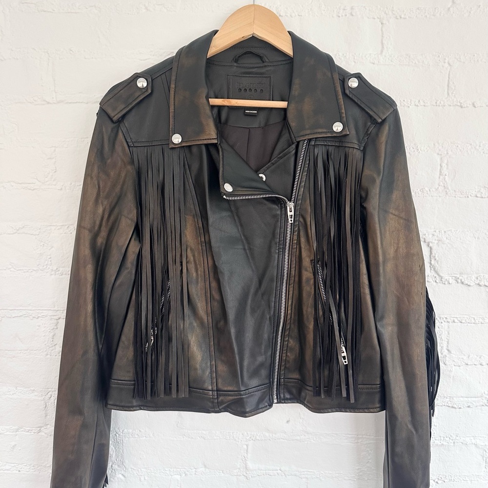 Blank NYC Distressed Black Leather Jacket with Fringe